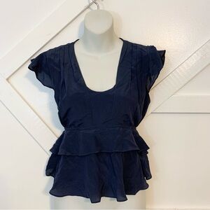 FiveSeventyFive Tie Waist Peplum Flutter Sleeve Pleated Blouse Navy Blue Sz S